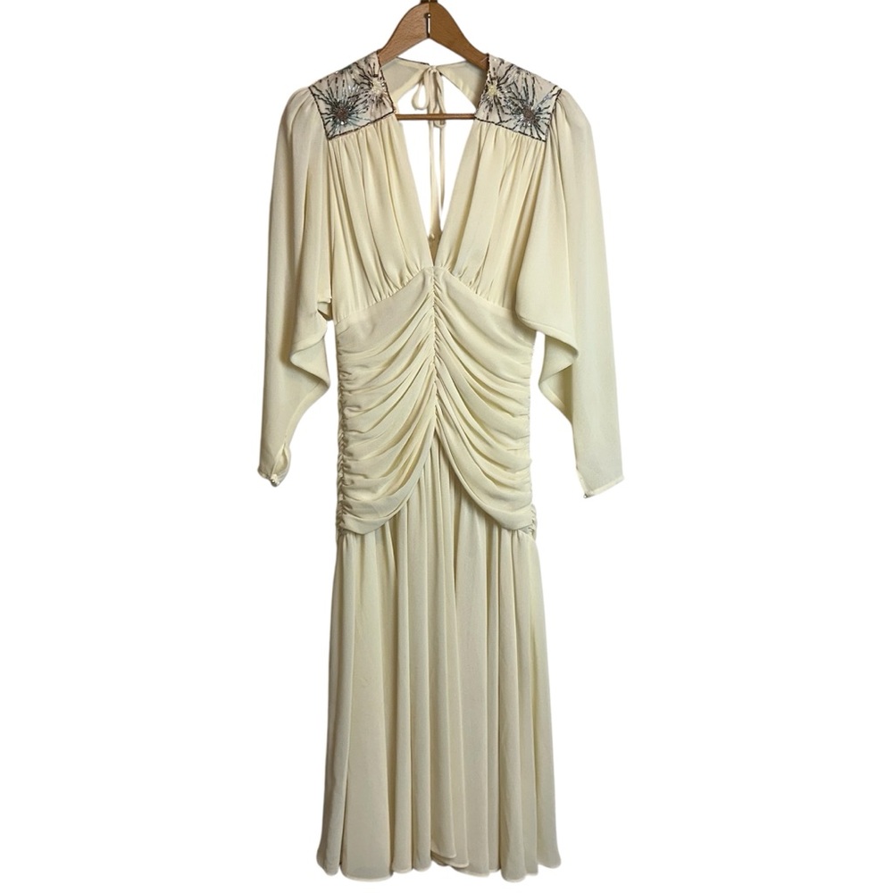 Vintage 1982 Casadei Women’s Size 8 Sequin Dress Ruched Ivory Prom Wedding Pearl